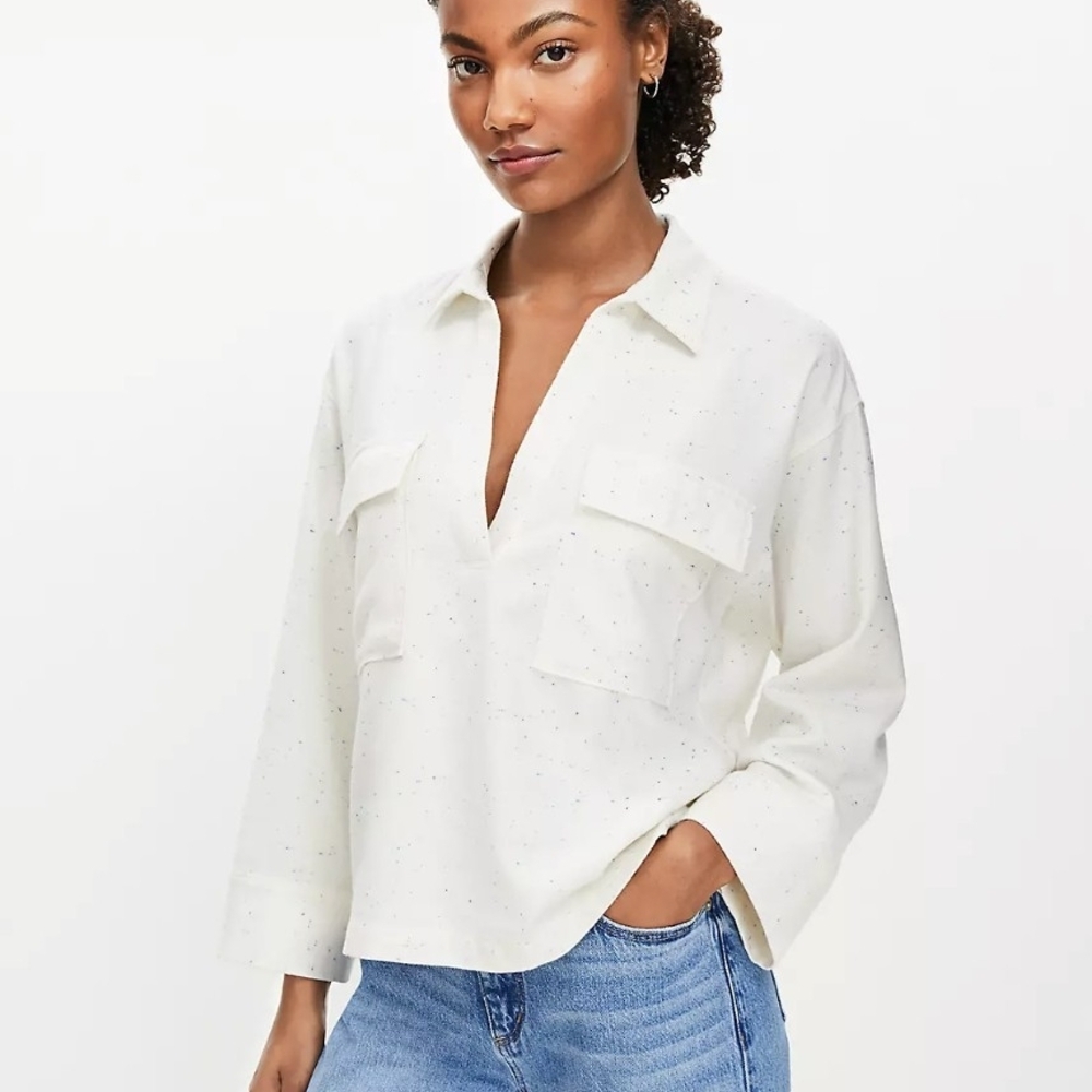 LOFT Petite Flecked V-Neck Pocket Pullover Boxy Top sz MP NWOT Cropped